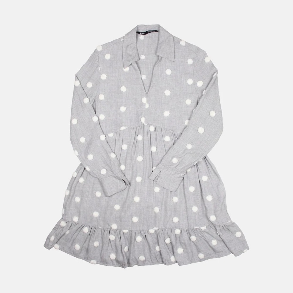 Zara Gray Long Sleeve Fluffy Polka Dot Mini Dress